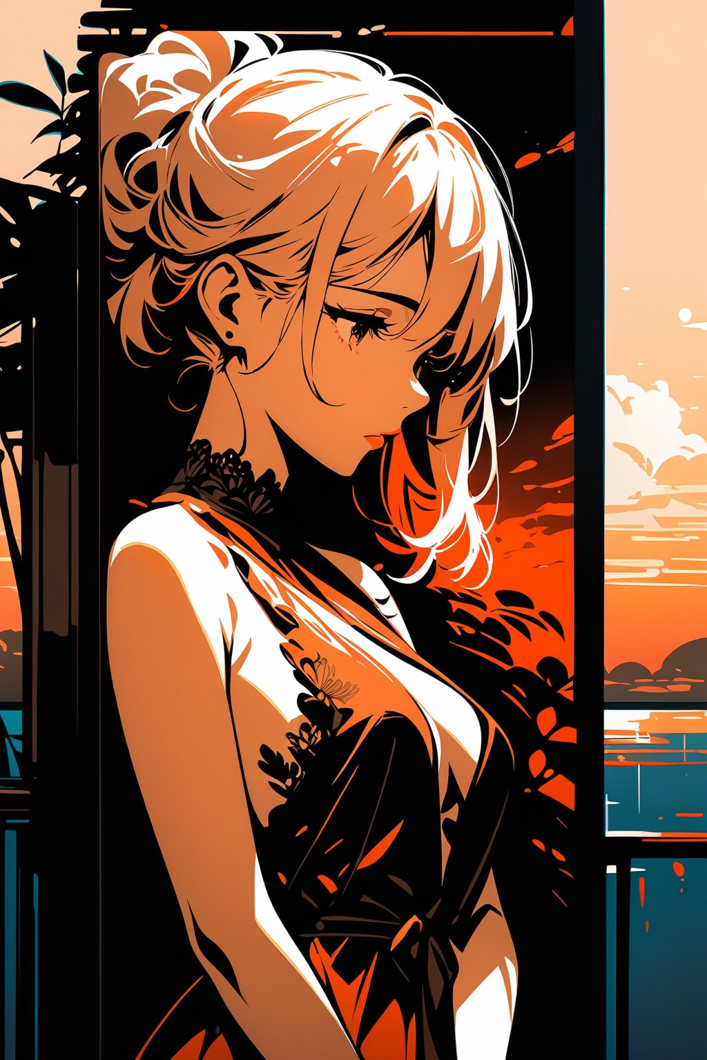 Very beautiful and elegant girl in sunset, masterpiece, monochrome, ink art. 