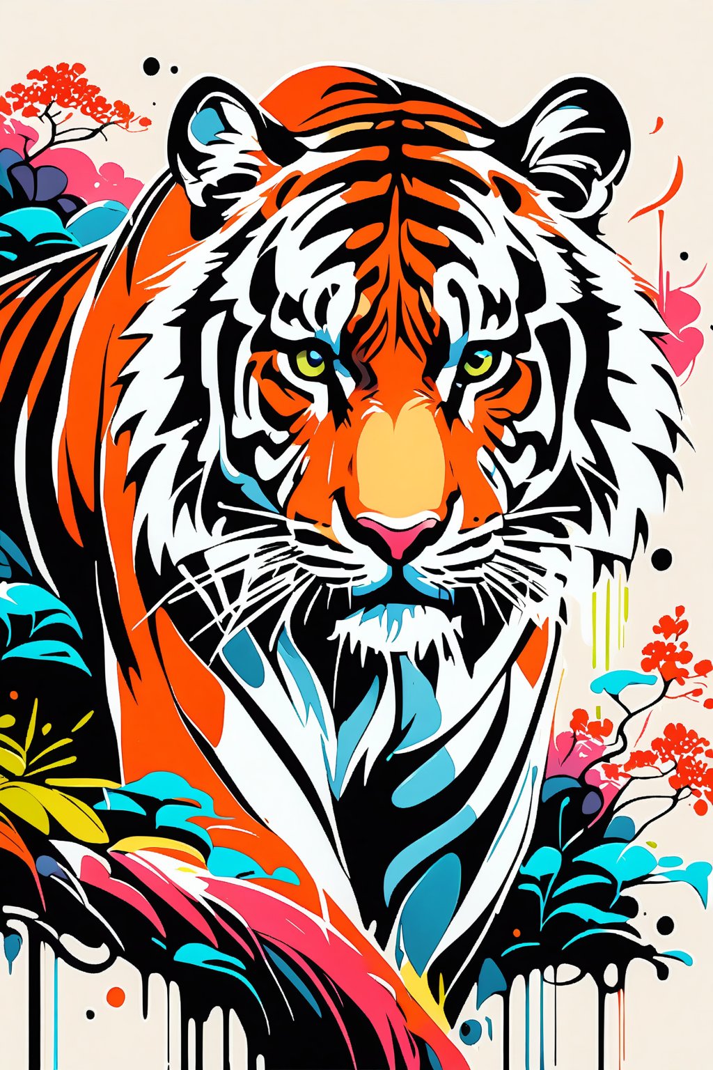 A very beautiful tiger in sumi-e art style, masterpiece, coloful, ink art. 