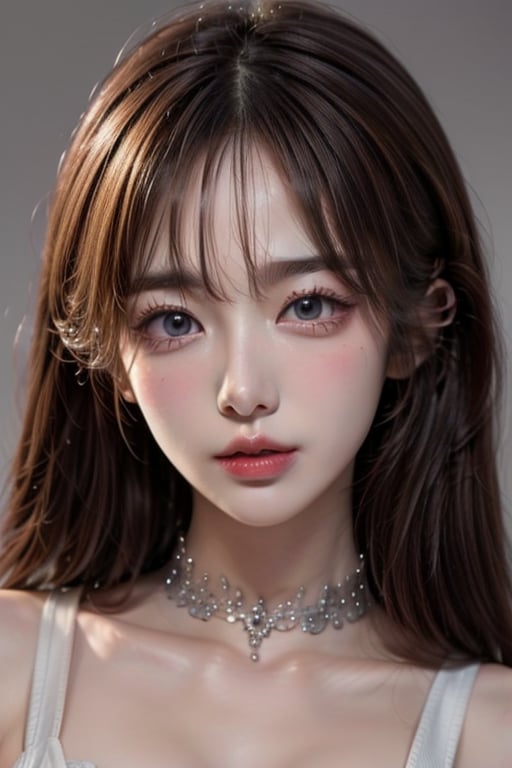 1girl
solo
brown hair
closed mouth
grey background
collar
lips
realistic ,beauty,masterpiece,best quality,1girl,lling ,solo,yoiii 