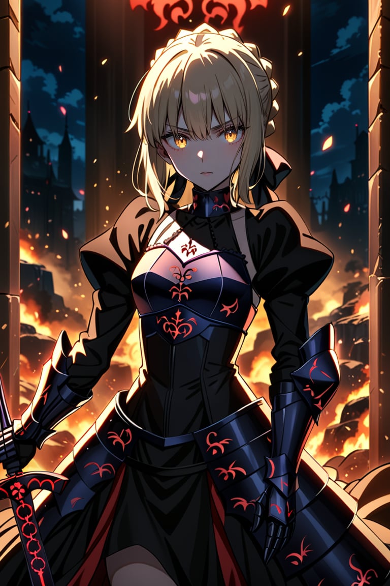 masterpiece, best quality, very aesthetic, absurdres, (intricate details), source_anime, anime, 1girl, solo, looking at viewer, bangs, blonde hair, long sleeves, dress, ribbon, holding, closed mouth, standing, yellow eyes, weapon, braid, sidelocks, puffy sleeves, sword, armor, black dress, gauntlets, french braid, serious, breastplate, armored dress,more detail XL, saber alter