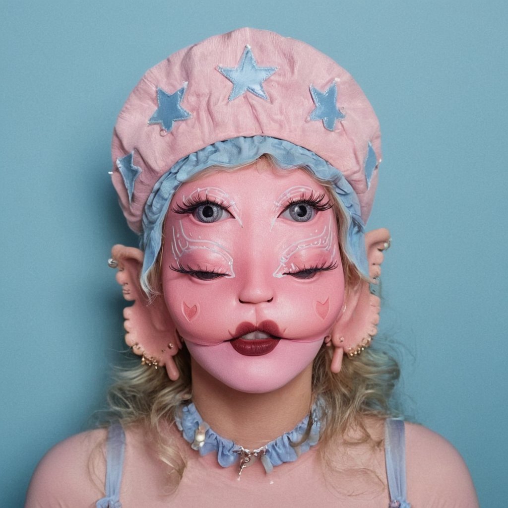 a woman, symmetrical face, mask, wavy ears with round tips, lipstick, four closed eyes and pink fabric skin, bodysuit, sexy outfit, curly hair with a hairstyle, hat, head piece, pink gloves with scales and nails, sneakers, socks, blue star eyeliner in the center of her face, symmetrical face, shape, open mouth, eyelashes, pointed eyeliner, pearls on her face, line, graphic eyeliner, minimalist eyeliner, four closed eyes, heavy eyelids, light eyes, 3D, light,realistic, upper body, four eyed closed woman, blue eyeliner