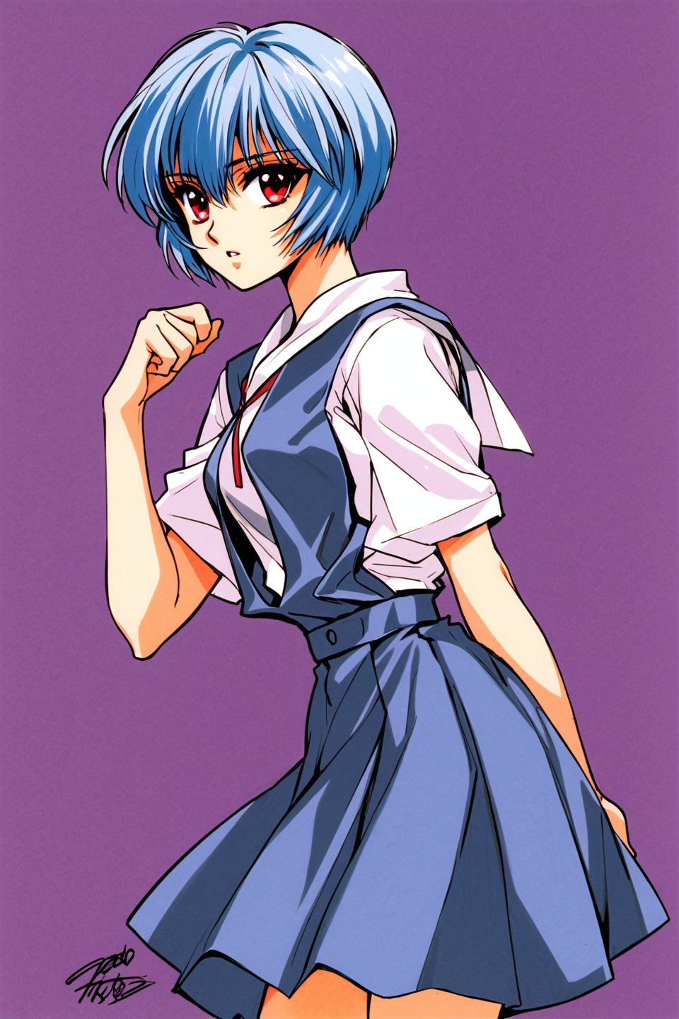 1girl,ayanami rei,solo,red eyes,short hair,school uniform,blue hair,tokyo-3 middle school uniform,signature,short sleeves,hair between eyes,suspender skirt,purple background,bangs,purple theme,shirt,cowboy shot,looking to the side,skirt,white shirt,looking at viewer,parted lips,suspenders,traditional media