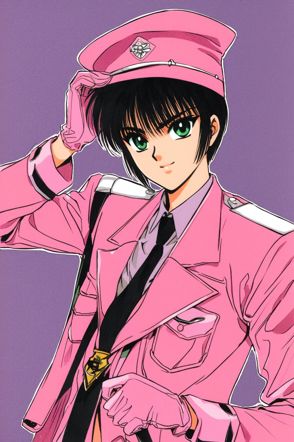 Hokuto Sumeragi, solo, 1girl, hat, uniform, black hair, gloves, green eyes, short hair, necktie, retro artstyle, military, military uniform, pink background, smile, pink theme, 1990s (style), pink gloves, traditional media