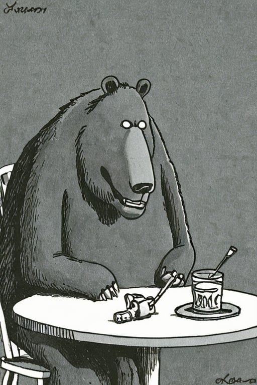 a black and white (line art, pen and ink) far side comic strip illustration of   a bear, by Gary Larson,
