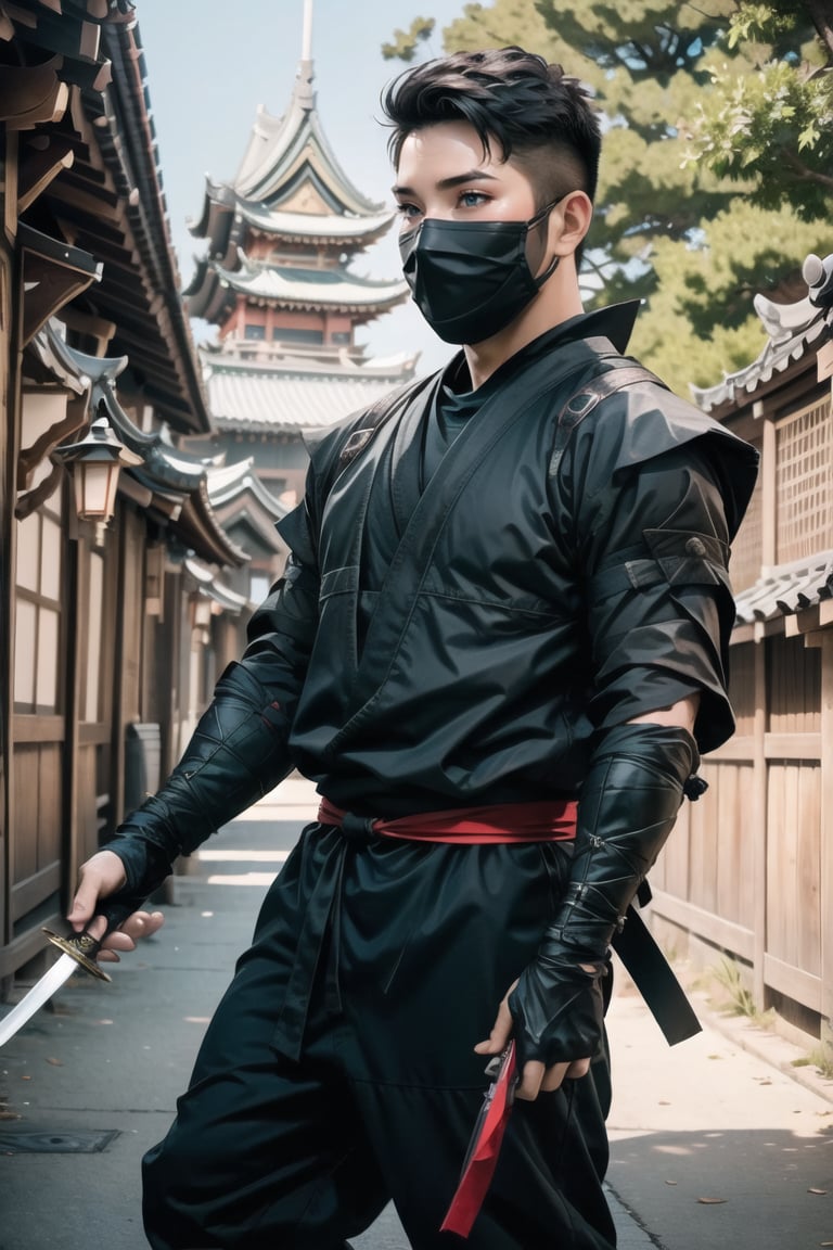 ((Masterpiece)),
ninja, ninja_costume, costume, black hair, weapon, male focus, outdoors, multiple boys, sword, 2boys, tree, mask, mouth mask, architecture, bridge, east asian architecture, photo background, ninja mask