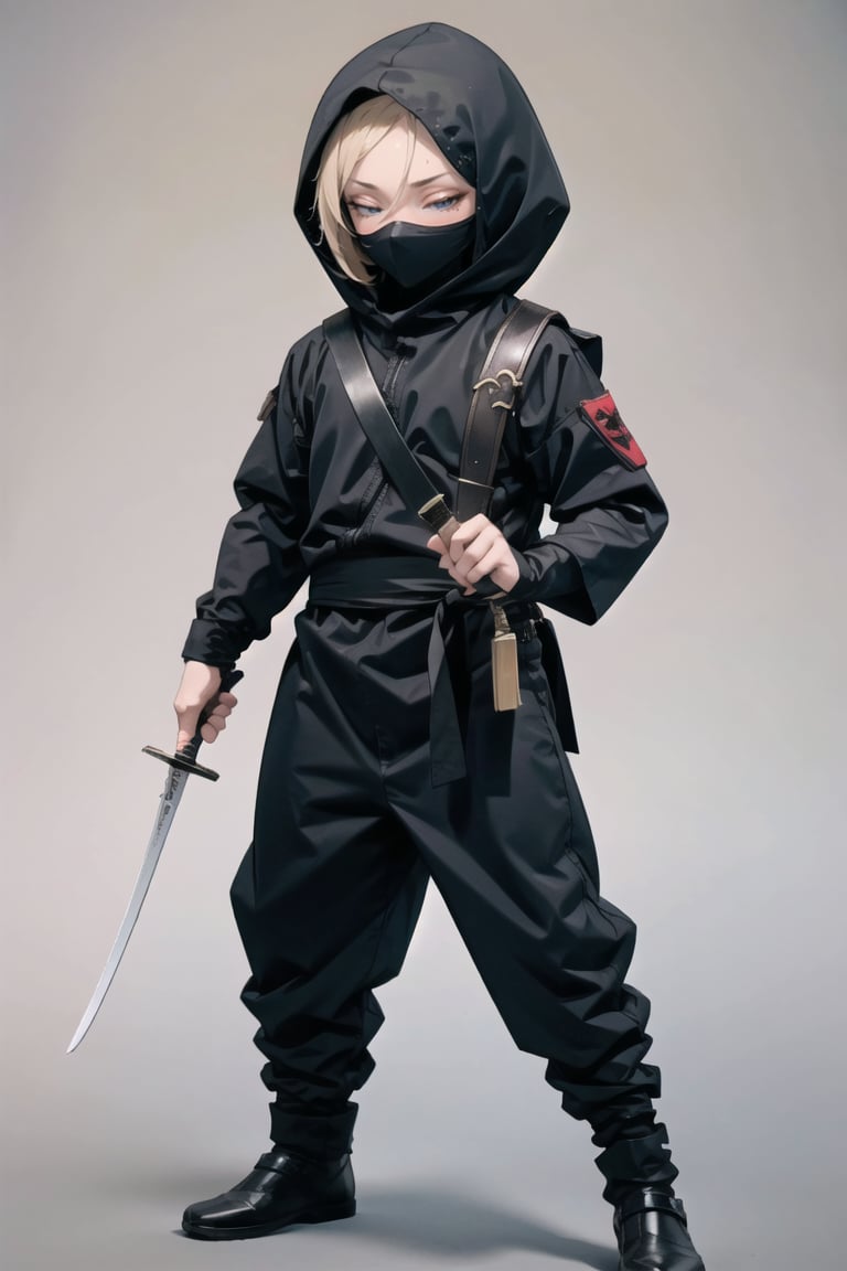 ((Masterpiece)),
ninja, ninja_costume, costume, solo, holding, full body, closed eyes, weapon, male focus, pants, sword, artist name, hood, chibi, black footwear, holding weapon, mask, knife, sheath, hood up, sheathed, mouth mask, checkered background, short sword