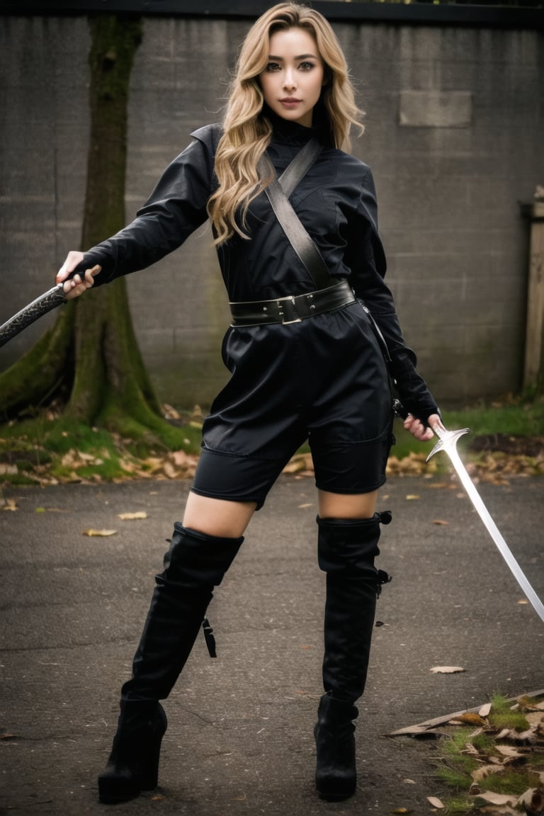 ((Masterpiece)),
1girl, ninja, ninja_costume, costume, solo, holding, weapon, boots, sword, 