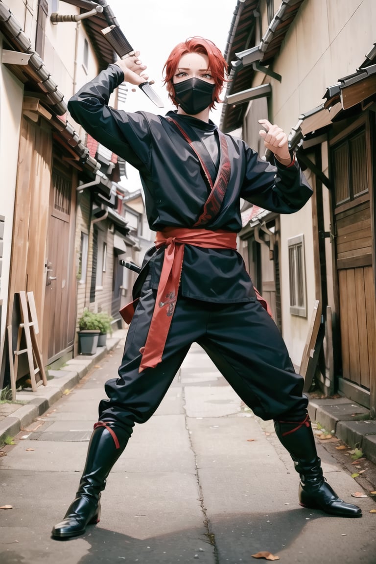 ((Masterpiece)),
ninja, ninja_costume, costume, solo, holding, weapon, boots, sword, mask, knife, dual wielding,