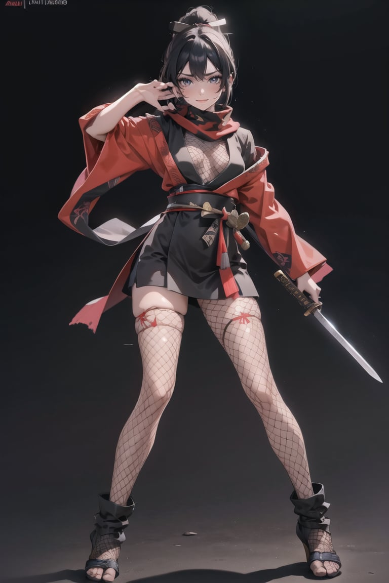 ((Masterpiece)),
ninja, ninja_costume, costume, solo, long hair, looking at viewer, black hair, holding, full body, ponytail, weapon, boots, japanese clothes, sword, scarf, holding weapon, bodysuit, holding sword, katana, black background, sheath, fishnets, red scarf, unsheathing