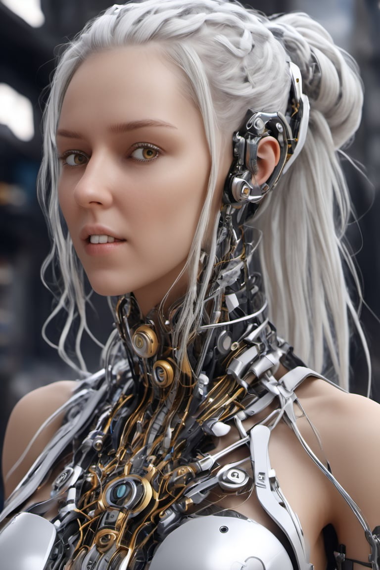 cyborg style, cyborg, 3d style,3d render,cg,beautiful, (1girl, looking at viewer,close up), white hair, long braid, brown eyes, cyborg , mechanical limbs,cute gloves, dancing, dynamic pose, metalic parts,golden parts, Reflections on metal