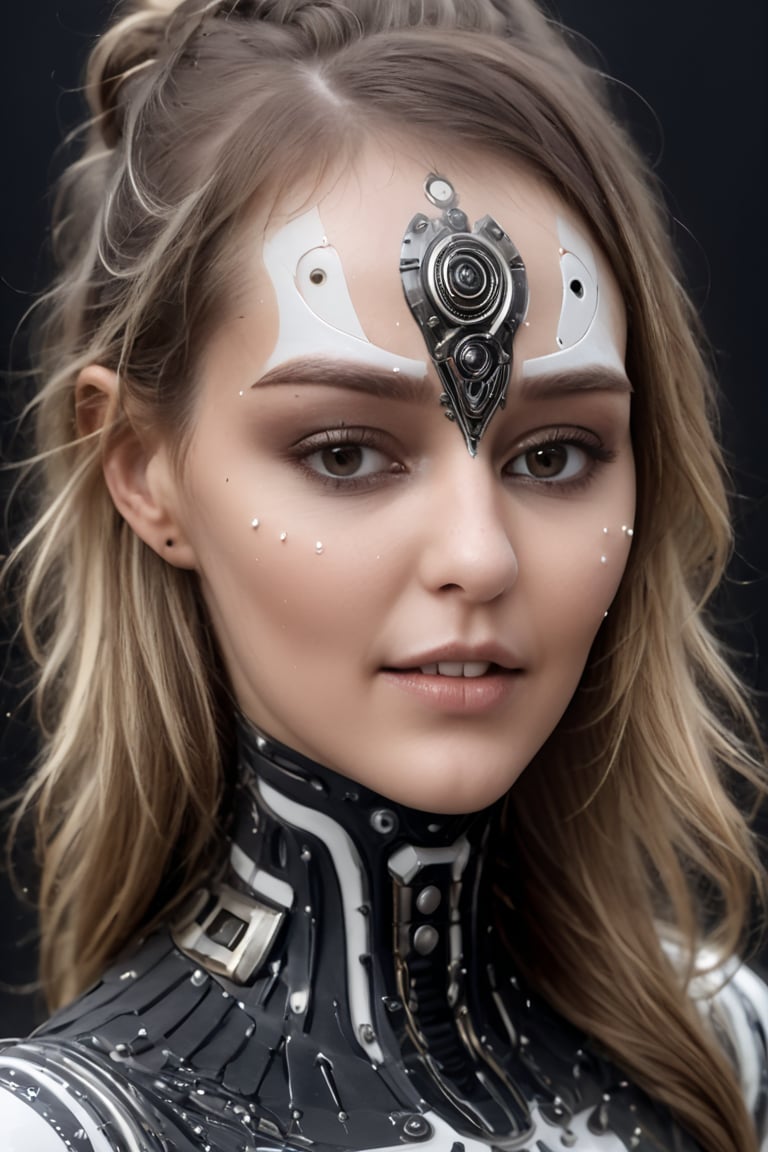 a black and white tribal face with dots on it, in the style of futuristic space elements glamour, animated gifs, stefan gesell, algorithmic artistry, android jones, tim hildebrandt, pop art with a dark side consumer culture blade runner dune Hr Giger