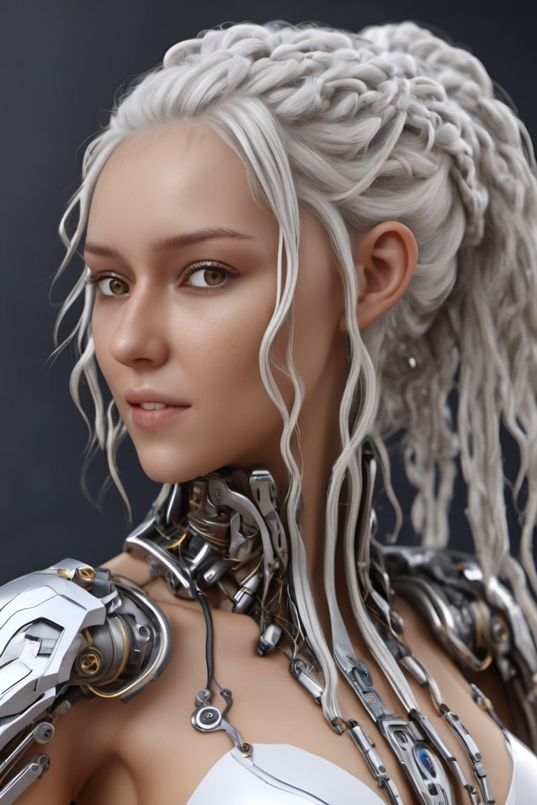 cyborg style, cyborg, 3d style,3d render,cg,beautiful, (1girl, looking at viewer,close up), white hair, long braid, brown eyes, cyborg , mechanical limbs,cute gloves, dancing, dynamic pose, metalic parts,golden parts, Reflections on metal