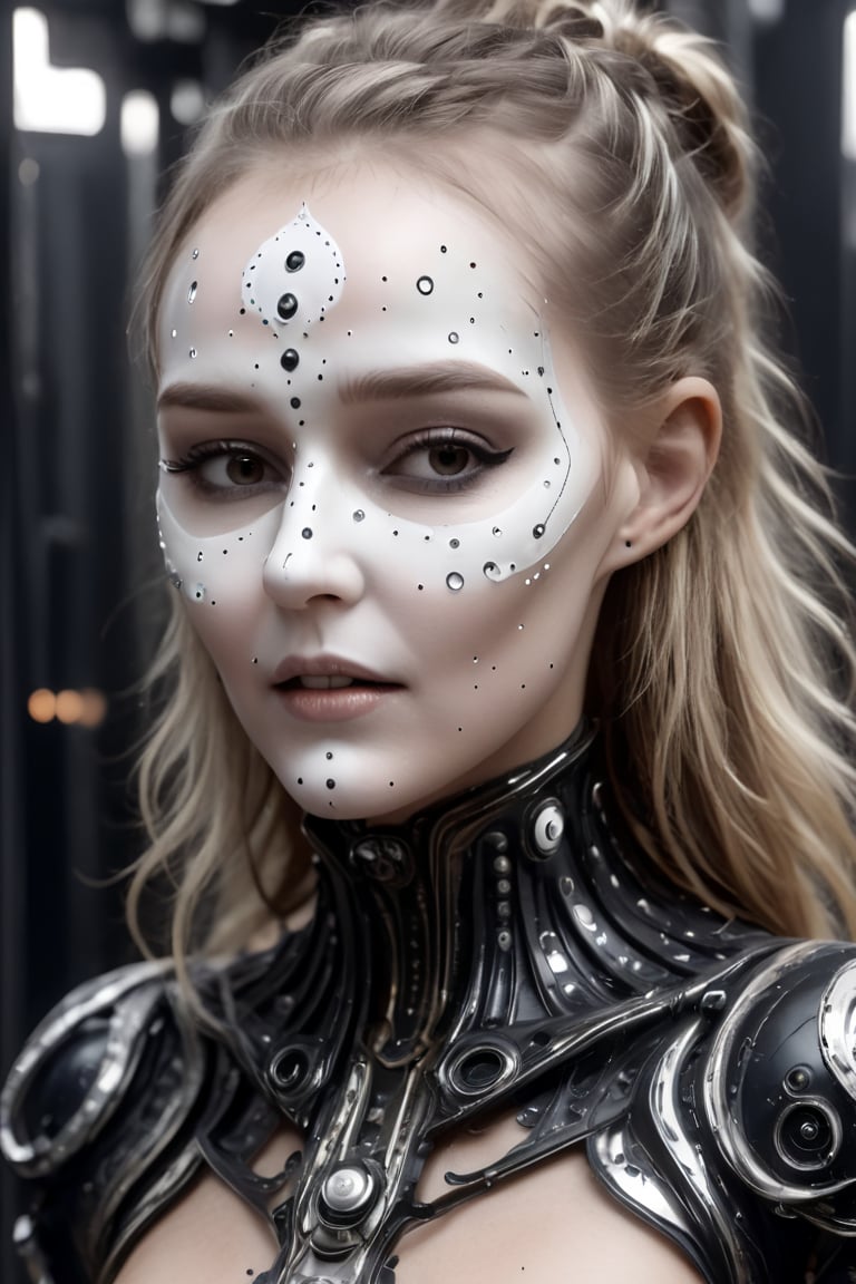 a black and white tribal face with dots on it, in the style of futuristic space elements glamour, animated gifs, stefan gesell, algorithmic artistry, android jones, tim hildebrandt, pop art with a dark side consumer culture blade runner dune Hr Giger