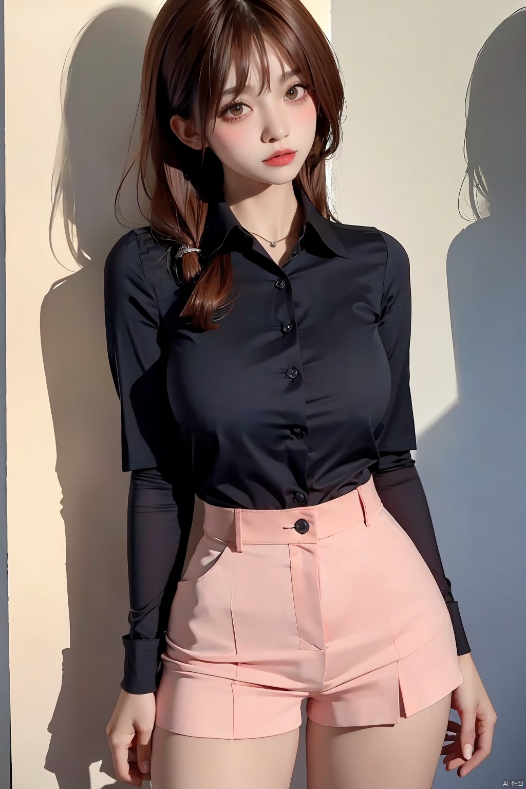  1girl,collared shirt,wall,afterglow,Sunset,eye-shadow,thighs,sexy