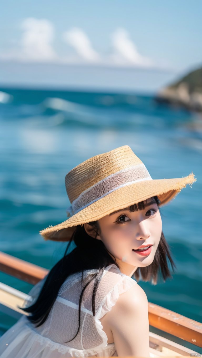  1girl, hat, long hair, solo, outdoors, black hair, dress, white dress, sun hat, looking at viewer, day, black eyes, chair, beach, ocean, blurry, smile, parted lips, dutch angle, straw hat, lipstick, bangs, standing, from side, makeup, water, scenery, sky, teeth, red lips, lips, brown eyes, blurry background, holding, depth of field, sitting, realistic, looking to the side, long sleeves, railing, pale skin, looking back, shore, leaning forward, sundress, breasts, blunt bangs, see-through, brown hair, umbrella