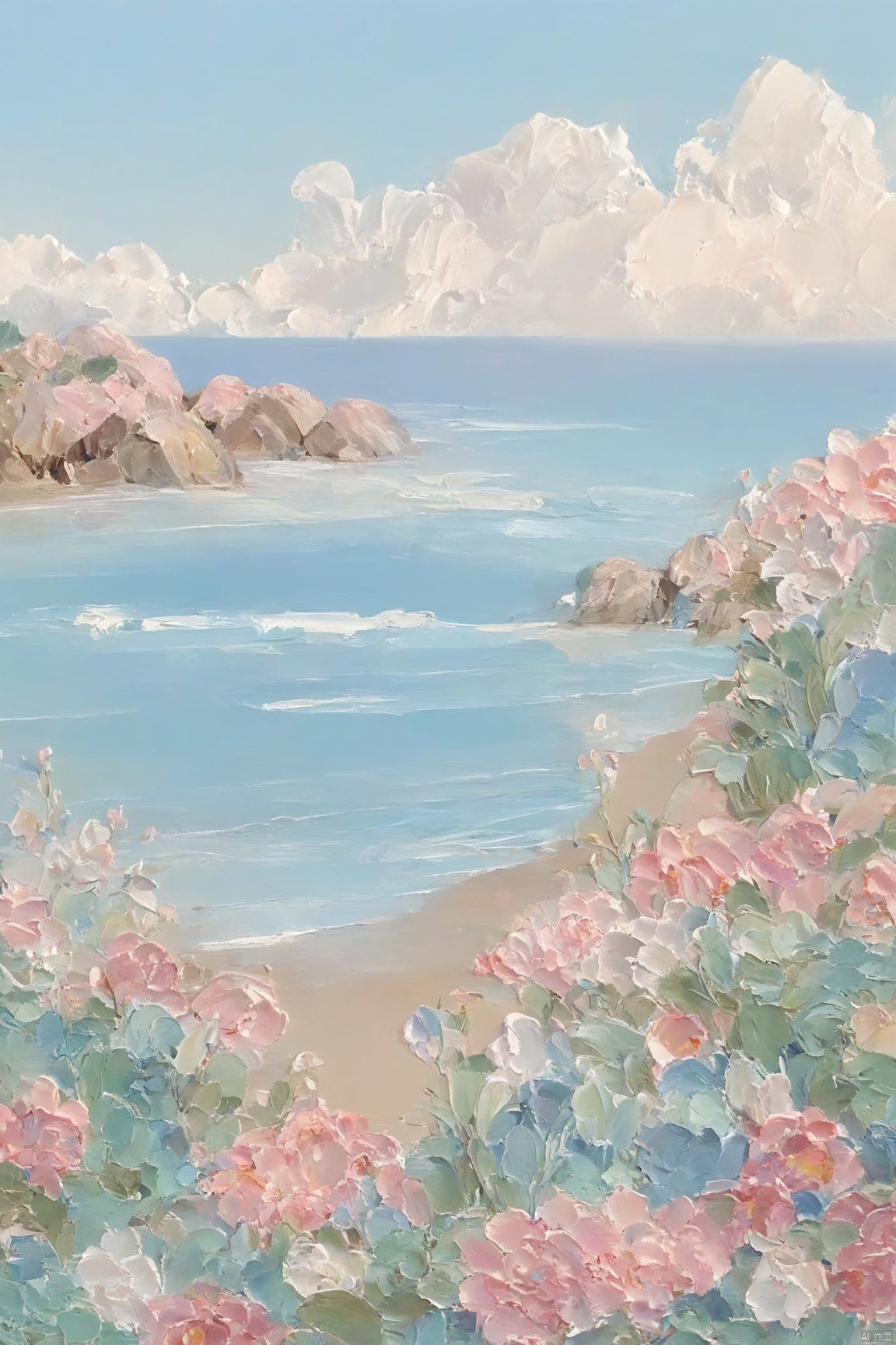 Healing_Painting,flower,oil painting,(rabbit,sky,cloud,moon),beach,mountain, candy-coated, Succulent_Plants, weijin_hanfu