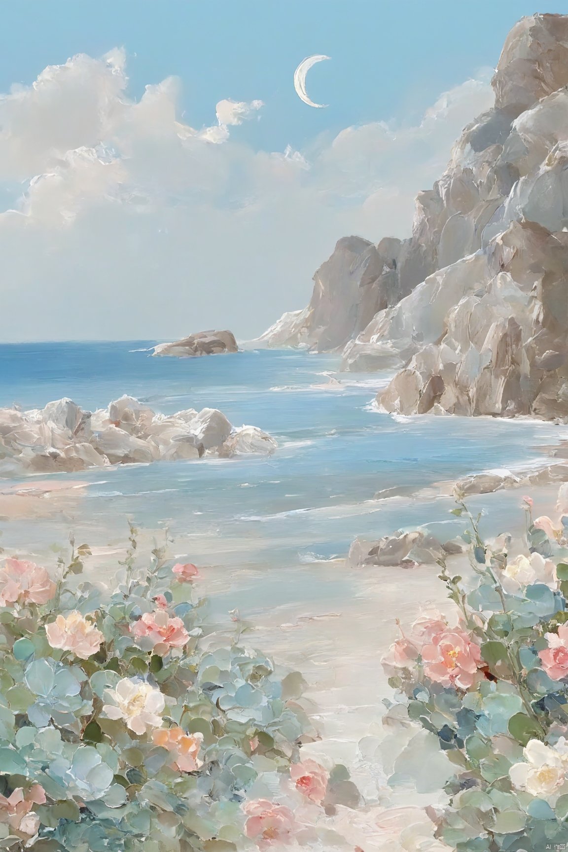 Healing_Painting,flower,oil painting,(rabbit,sky,cloud,moon),beach,mountain, candy-coated, Succulent_Plants, weijin_hanfu