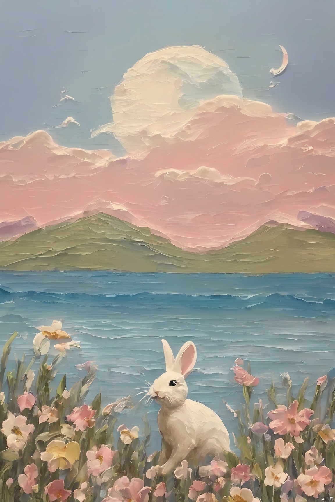 Healing_Painting,flower,oil painting,(rabbit,sky,cloud,moon),beach,mountain,