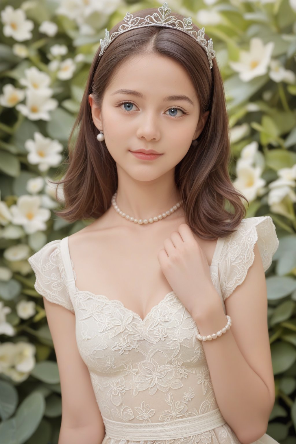 Score_9, Score_8_Up, Score_7_Up, Score_6_Up, Score_5_Up, Score_4_Up, Masterpiece, Best Quality, Realistic, Portraits, 1Girl, Solo, Upper Body, Garden Party, (Lace Dress, Ballet Flats), (Floral Tiara, Pearl Bracelet), (Blooming Garden Background)