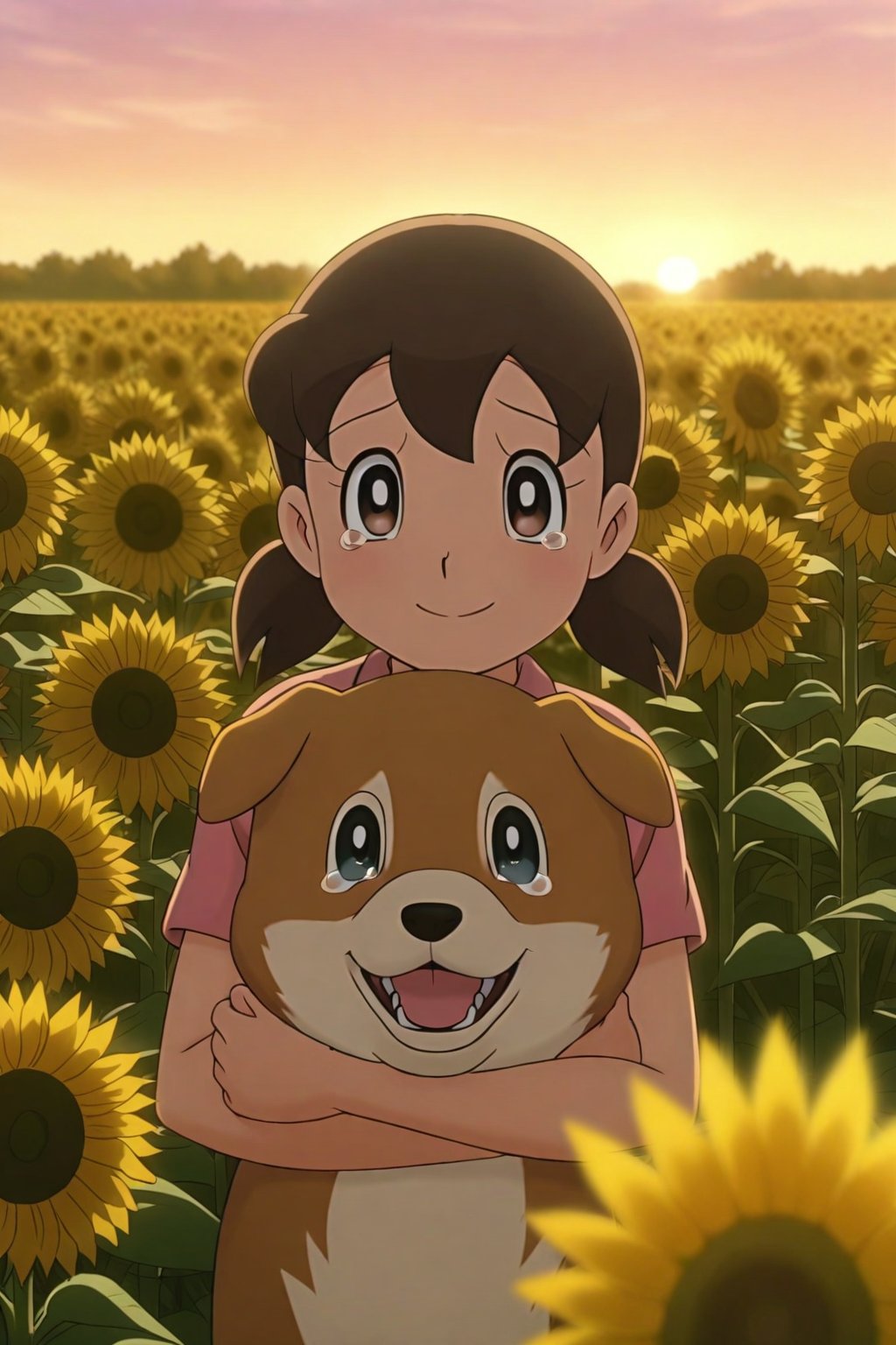 (masterpiece), best quality, expressive eyes, perfect face, anime coloring, 
minamoto shizuka, smile, Teenage girl hugging her long-lost dog in a field of sunflowers, golden sunset light, tears streaming down her face, heartwarming reunion, bokeh effect, cinematic composition
