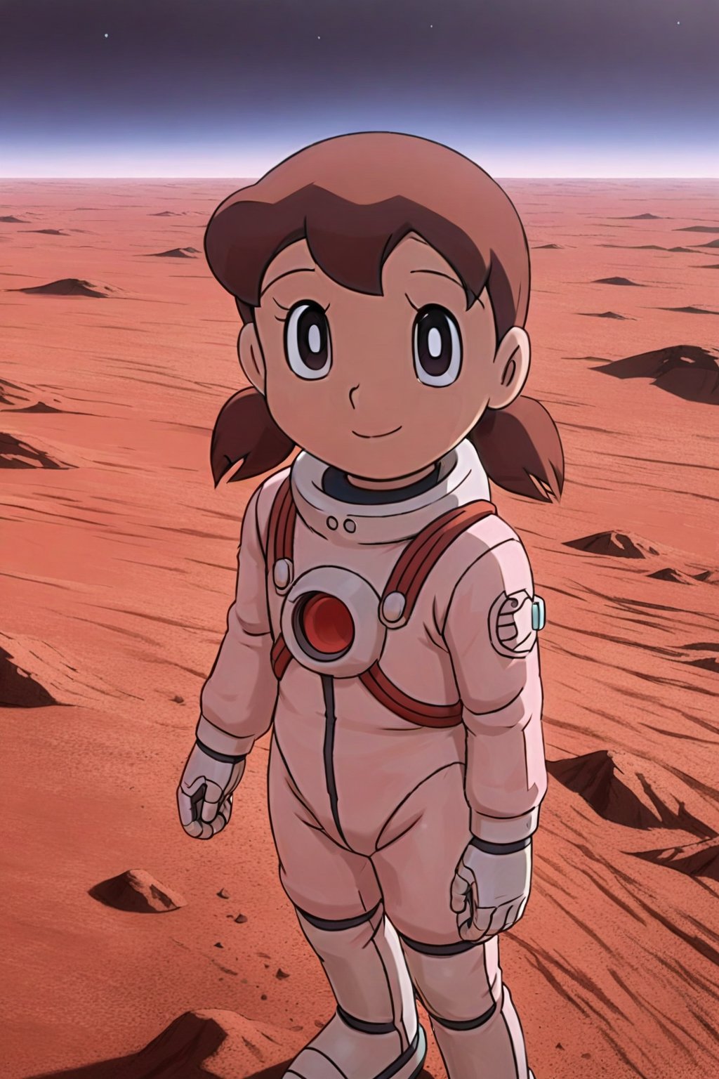 (masterpiece), best quality, expressive eyes, perfect face, anime coloring, 
minamoto shizuka, smile, Girl in a spacesuit stepping onto the surface of Mars, Earth visible in the distance, vast red landscape, futuristic colony in the background, sense of wonder and exploration, epic sci-fi scene, hyper-realistic detail