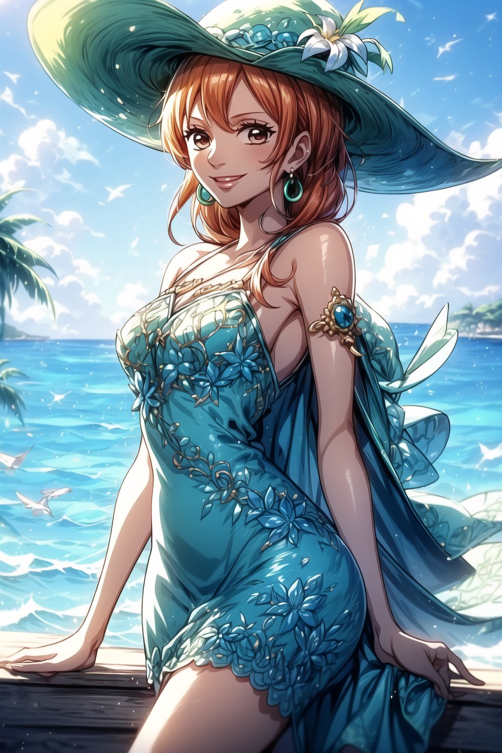 Imagine Nami from One Piece in a playful outfit. She has long, orange hair with loose strands framing her face. She wears a short dress with tropical flower prints in vibrant tones like emerald green and golden yellow, highlighting her natural tan. The dress features a halter neckline that enhances her curves and showcases her delicate, sun-kissed skin.

To complement her ensemble, Nami wears a wide-brimmed hat adorned with a navy blue silk ribbon. Her earrings are small golden hoops that subtly shimmer with every movement. In her hands, she holds a fan with marine designs, such as waves and fish, perfectly matching the tropical theme of her dress.

Nami is relaxed and smiling, enjoying an exotic cocktail in a glass carved with marine motifs. Behind her, a glimpse of a paradise landscape with palm trees and turquoise blue sea can be seen. Her posture is confident and elegant, showcasing her adventurous spirit and unique style in any situation.,1 girl