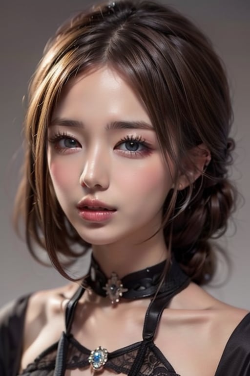 1girl
solo
brown hair
closed mouth
grey background
collar
lips
realistic ,beauty,masterpiece,best quality,1girl,lling 