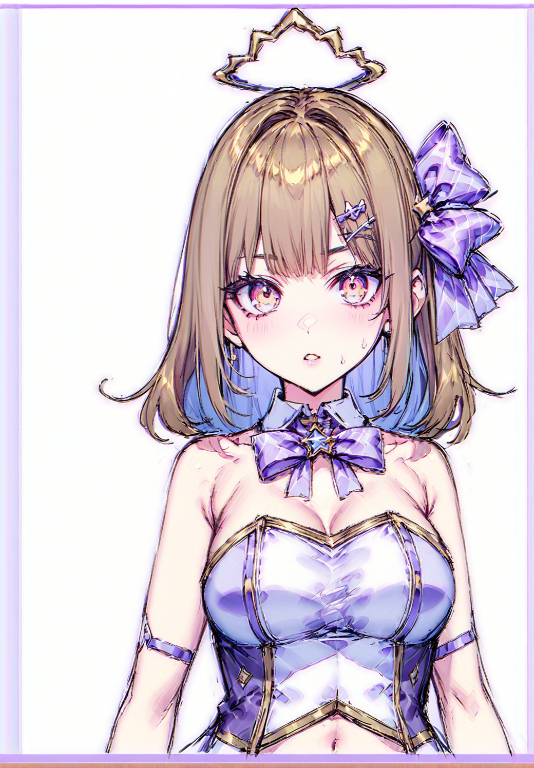 bow on hair. purple idol, yellow eyes, sketch, detailed
