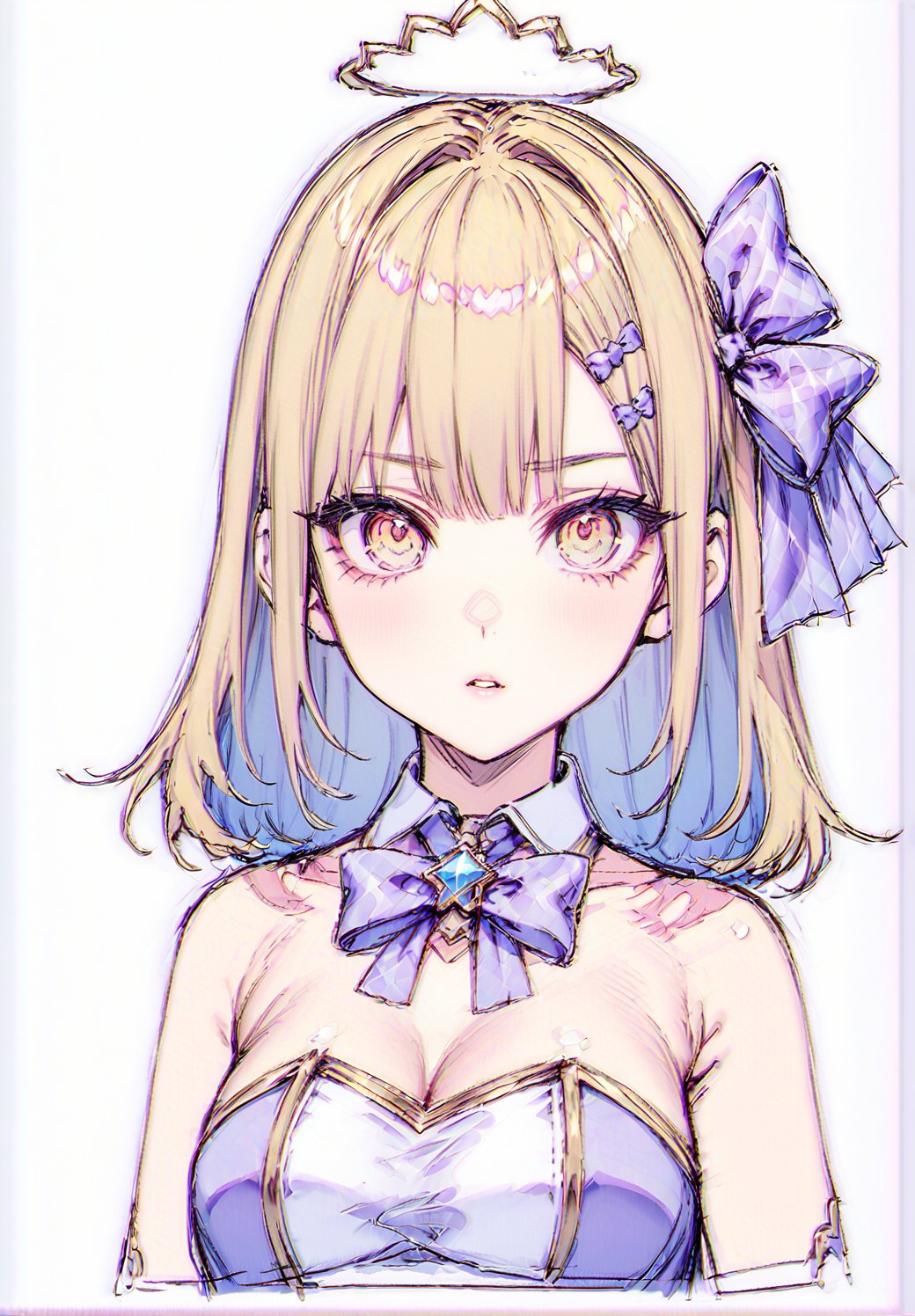 bow on hair. purple idol, yellow eyes, sketch, detailed, blond hair

