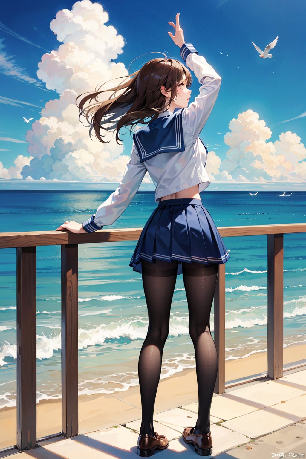  1girl, pantyhose, skirt, long hair, brown hair, blue skirt, bird, outdoors, solo, school uniform, railing, from behind, day, ocean, shoes, pleated skirt, sky, black pantyhose, long sleeves, arm up, brown footwear, facing away, loafers, standing, seagull, blue sky, sailor collar, serafuku, blue sailor collar, standing on one leg, water, full body, cloud, miniskirt, beach, animal, horizon, signature, artist name, dated
