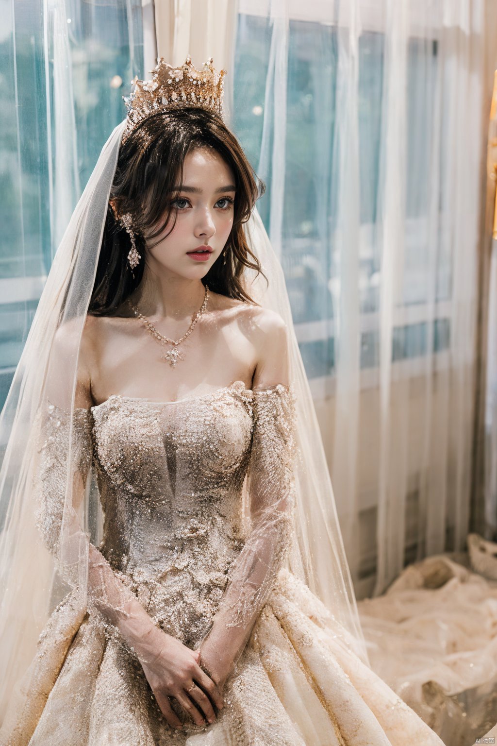  Ultra-clear 8k, real, night, smile, crown, necklace, perspective, hanger, nudity, diamonds, bridal veil, Golden wedding dress, 1 girl, 