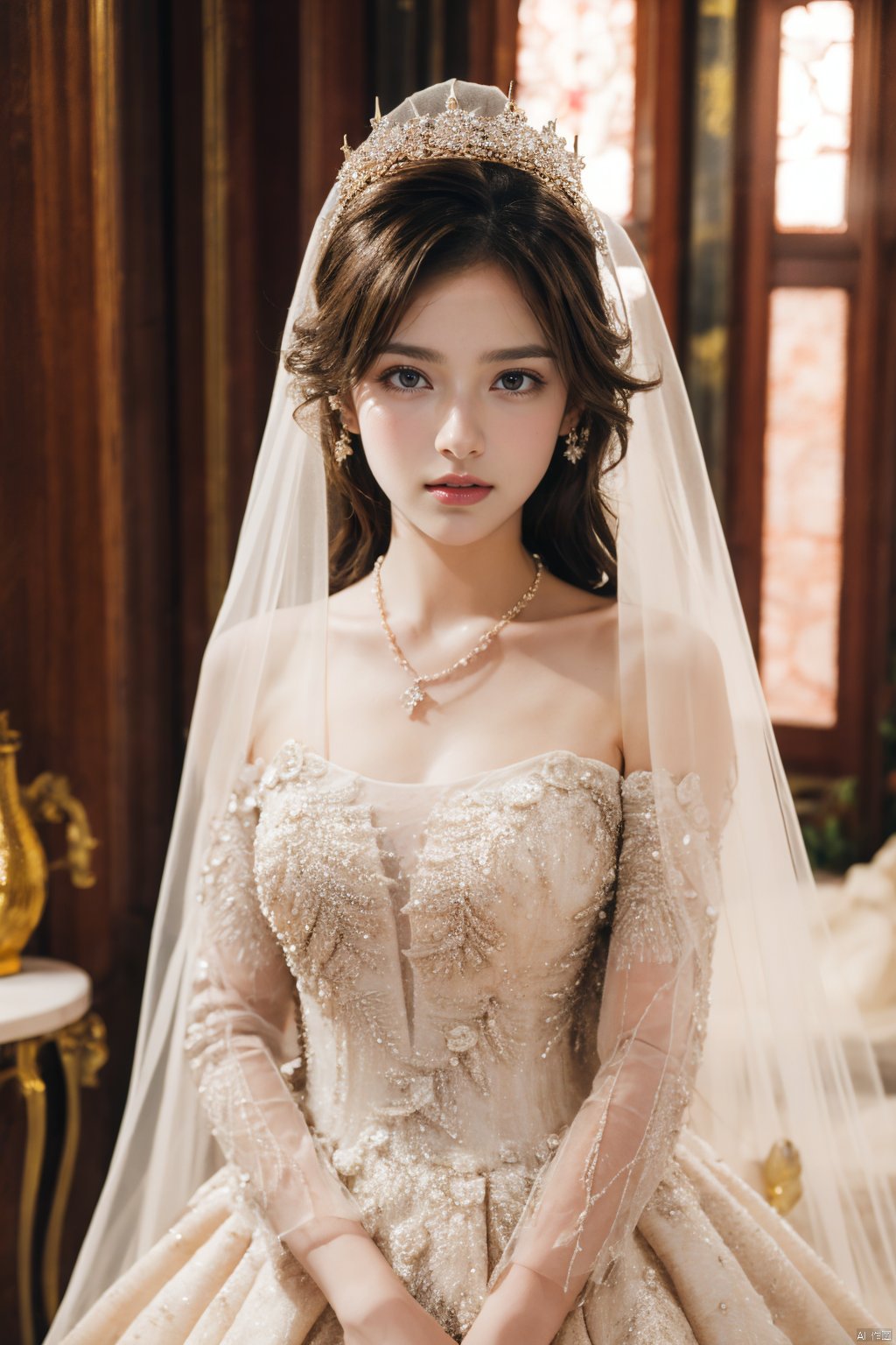  Ultra-clear 8k, real, night, smile, crown, necklace, perspective, hanger, nudity, diamonds, bridal veil, Golden wedding dress, 1 girl, 