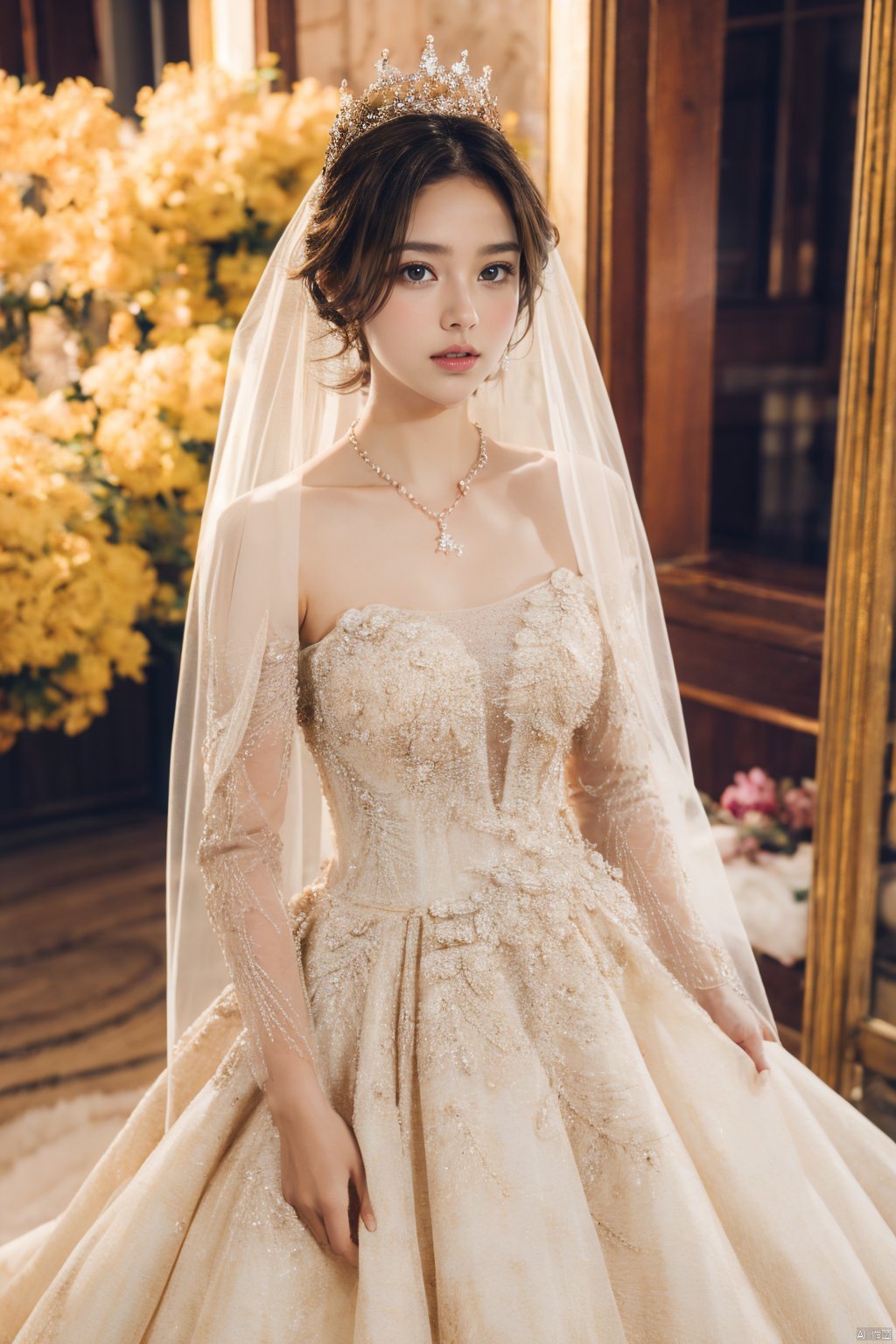  Ultra-clear 8k, real, night, smile, crown, necklace, perspective, hanger, nudity, diamonds, bridal veil, Golden wedding dress, 1 girl, 