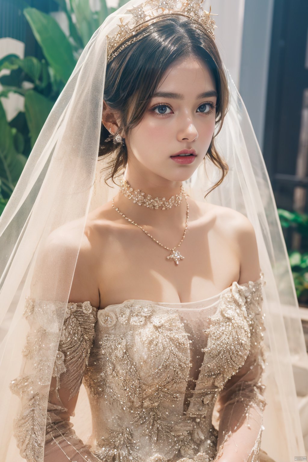  Ultra-clear 8k, real, night, smile, crown, necklace, perspective, hanger, nudity, diamonds, bridal veil, Golden wedding dress, 1 girl, 