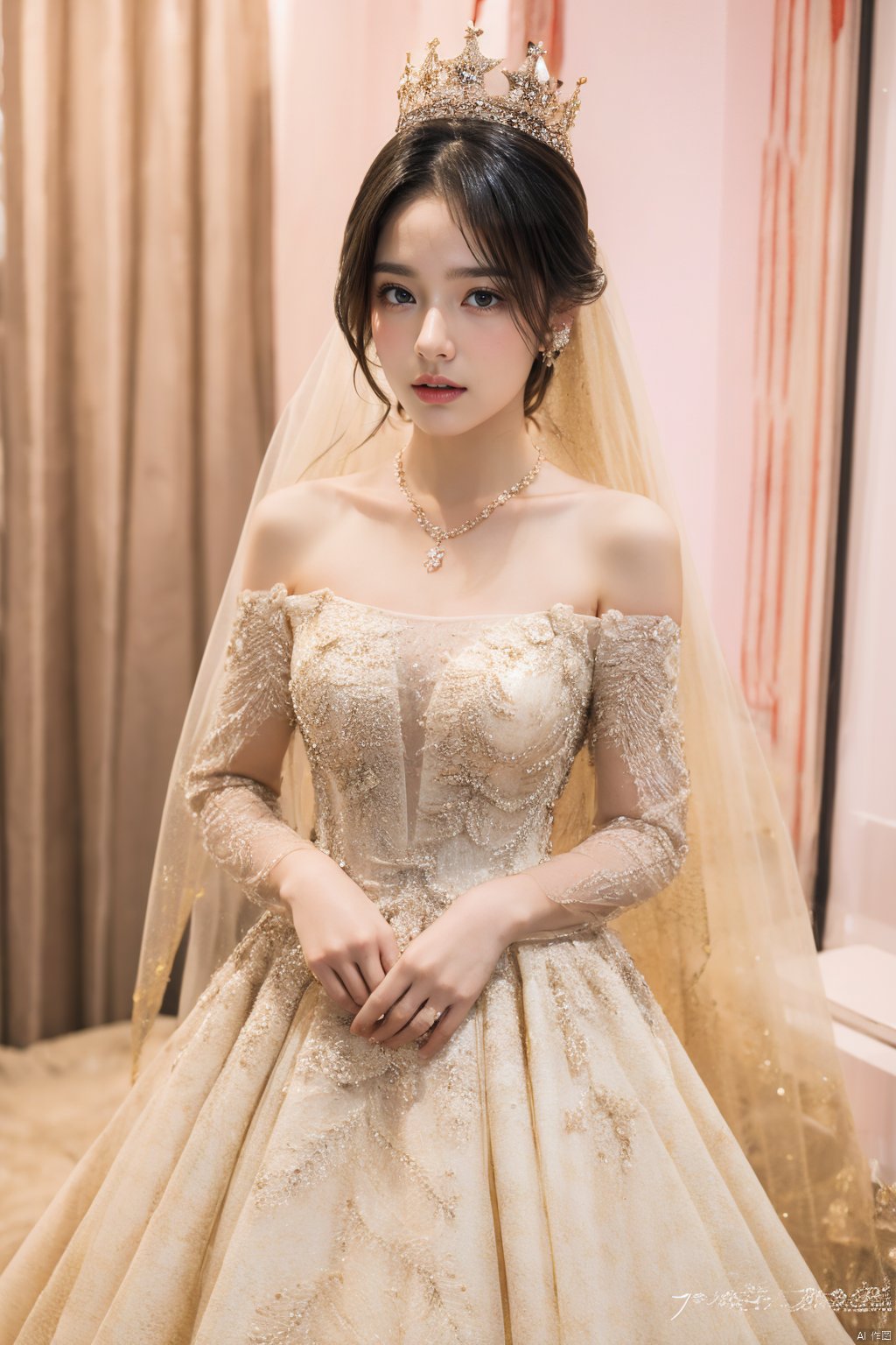  Ultra-clear 8k, real, night, smile, crown, necklace, perspective, hanger, nudity, diamonds, bridal veil, Golden wedding dress, 1 girl, 