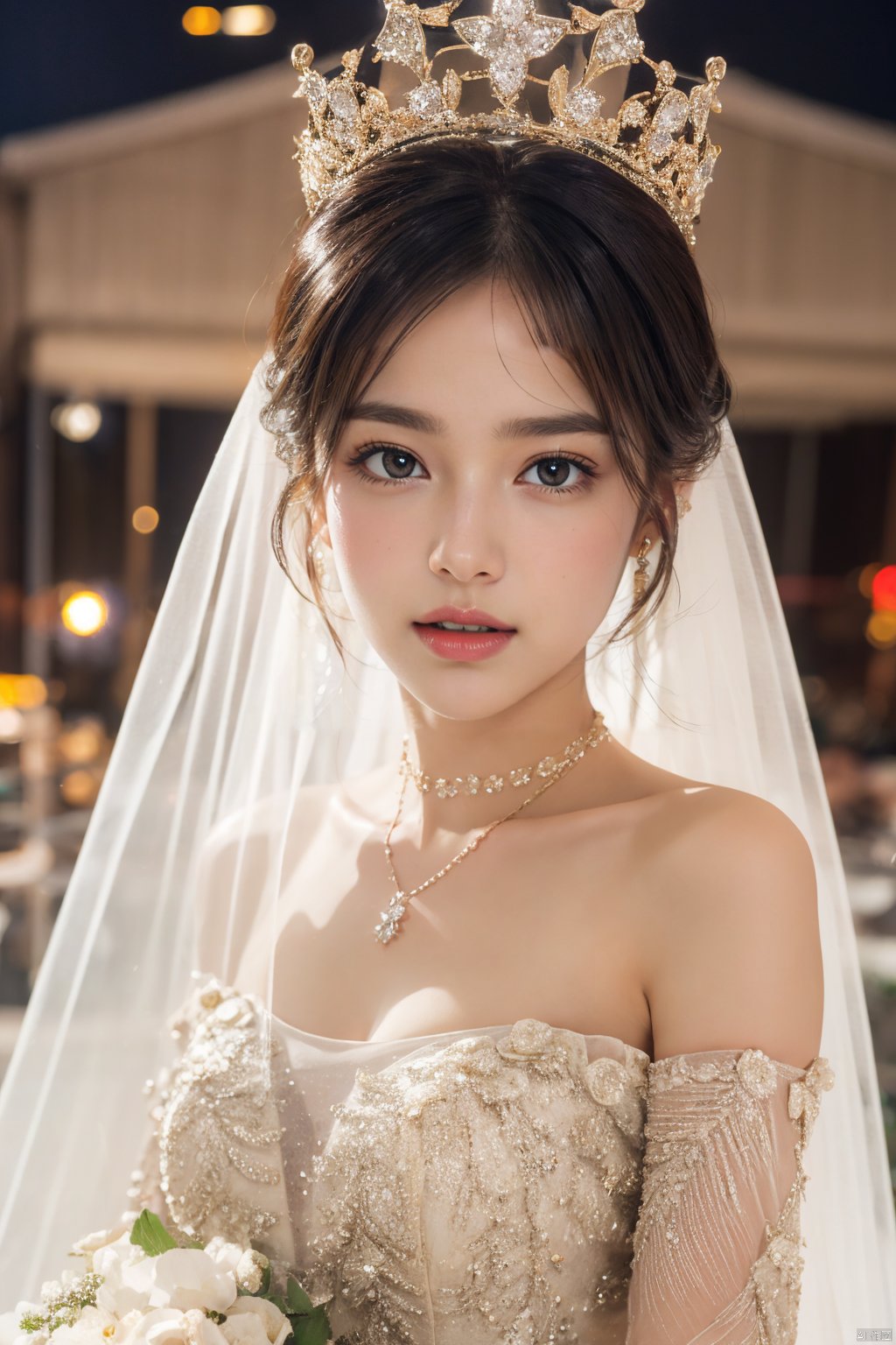  Ultra-clear 8k, real, night, smile, crown, necklace, perspective, hanger, nudity, diamonds, bridal veil, Golden wedding dress, 1 girl, 