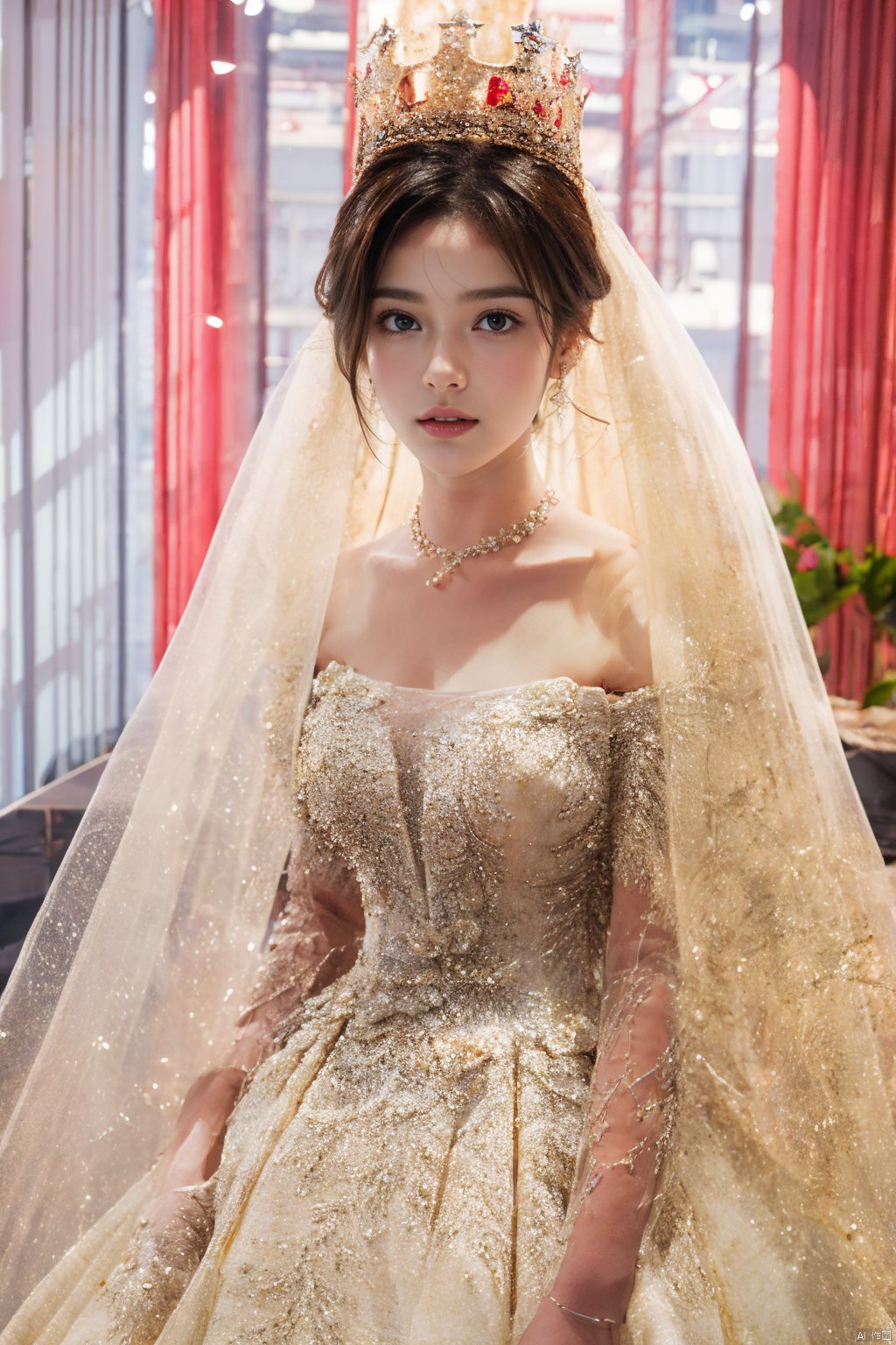  Ultra-clear 8k, real, night, smile, crown, necklace, perspective, hanger, nudity, diamonds, bridal veil, Golden wedding dress, 1 girl, 