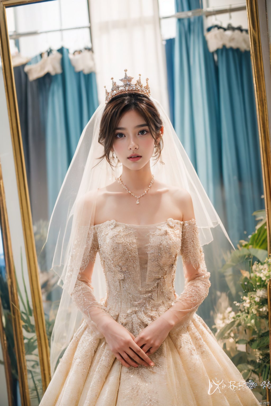  Ultra-clear 8k, real, night, smile, crown, necklace, perspective, hanger, nudity, diamonds, bridal veil, Golden wedding dress, 1 girl, 