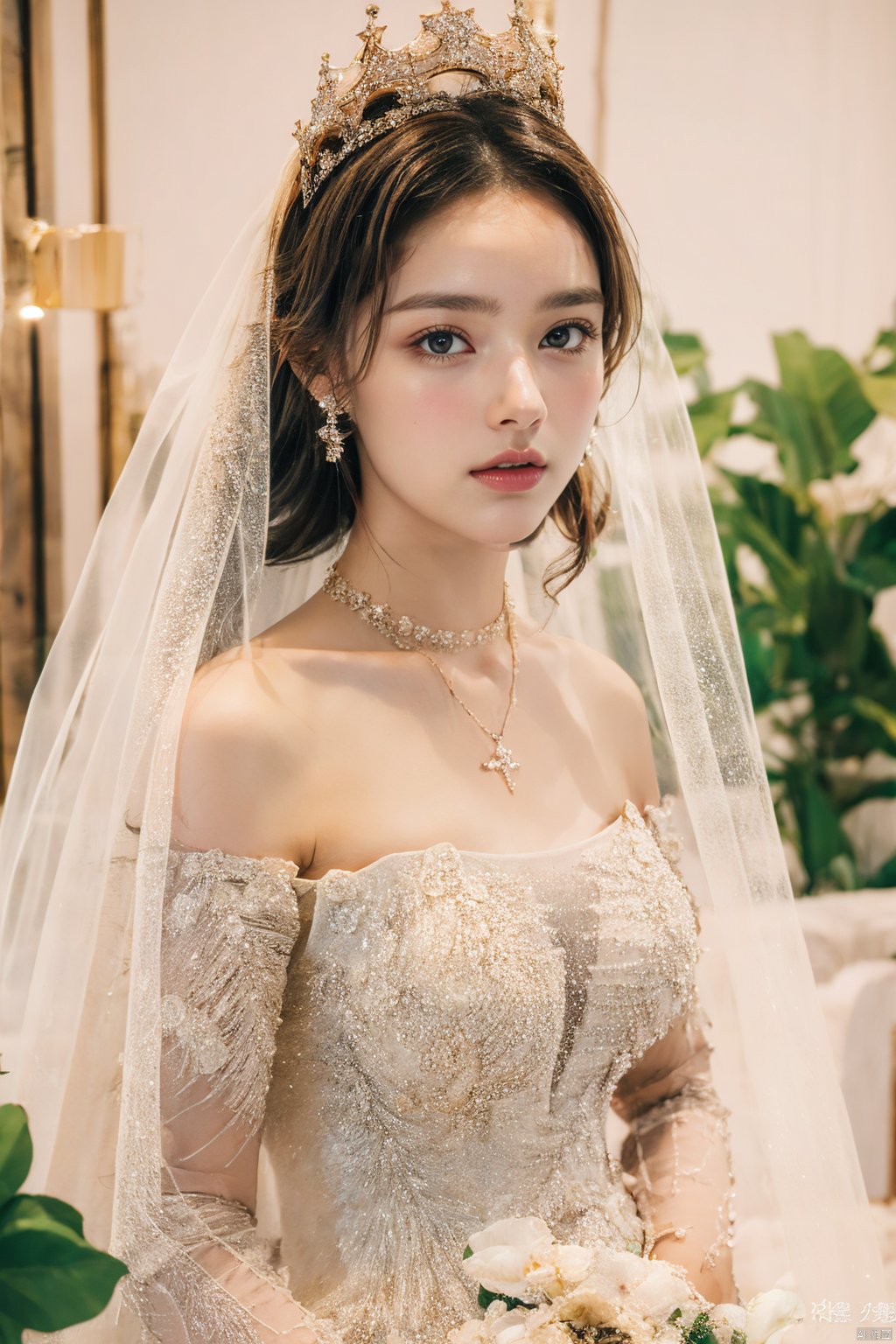  Ultra-clear 8k, real, night, smile, crown, necklace, perspective, hanger, nudity, diamonds, bridal veil, Golden wedding dress, 1 girl, 