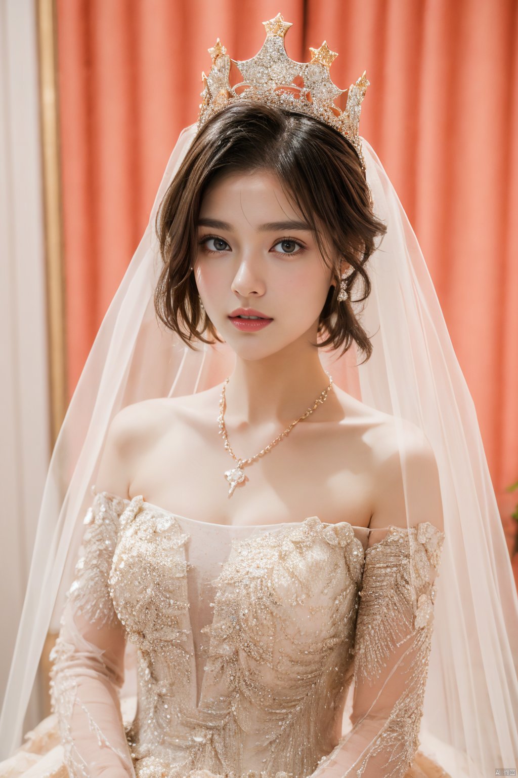  Ultra-clear 8k, real, night, smile, crown, necklace, perspective, hanger, nudity, diamonds, bridal veil, Golden wedding dress, 1 girl, 