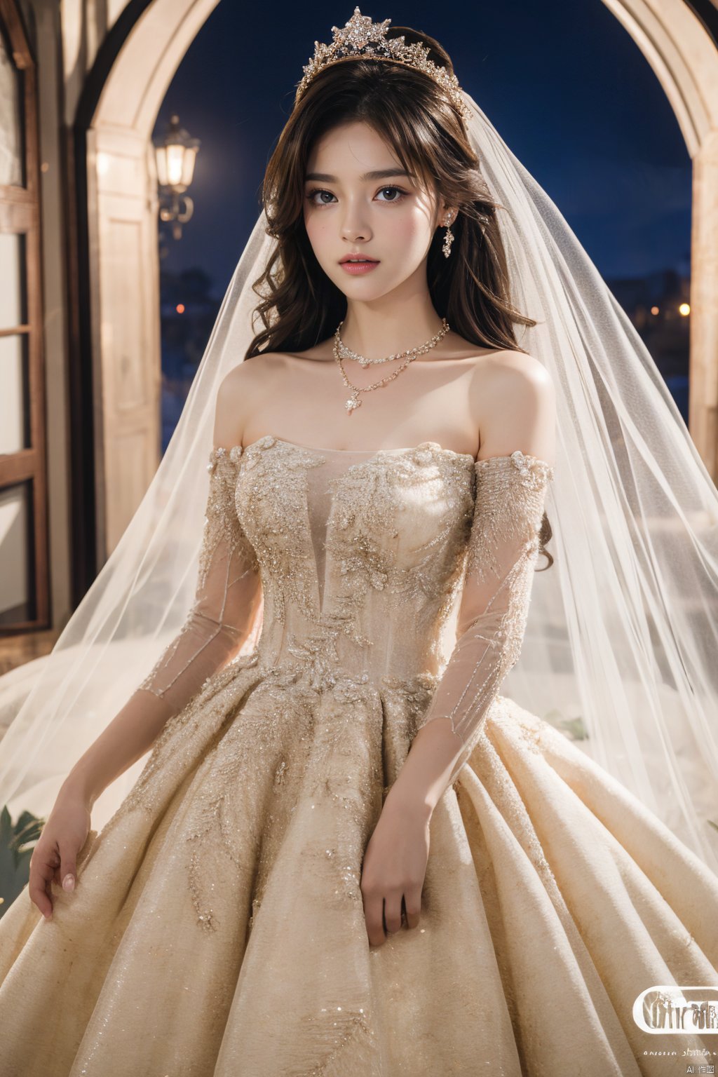  Ultra-clear 8k, real, night, smile, crown, necklace, perspective, hanger, nudity, diamonds, bridal veil, Golden wedding dress, 1 girl, 