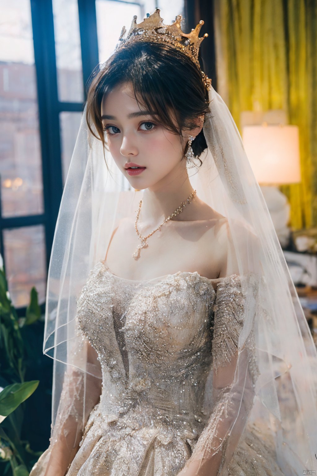  Ultra-clear 8k, real, night, smile, crown, necklace, perspective, hanger, nudity, diamonds, bridal veil, Golden wedding dress, 1 girl, 