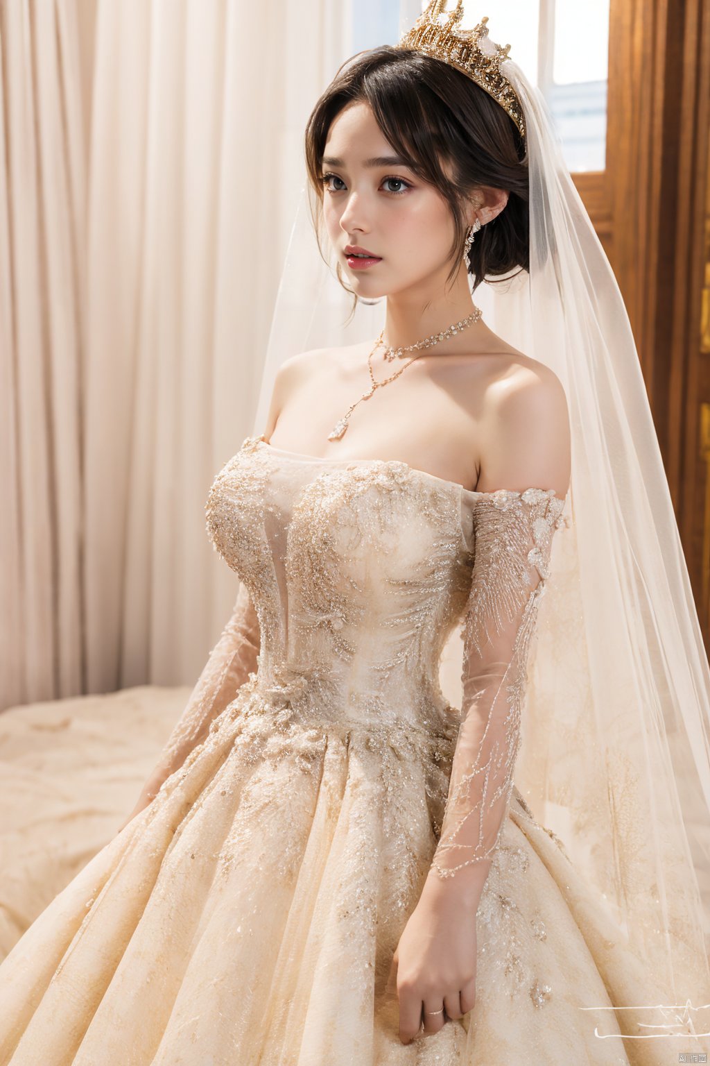  Ultra-clear 8k, real, night, smile, crown, necklace, perspective, hanger, nudity, diamonds, bridal veil, Golden wedding dress, 1 girl, 