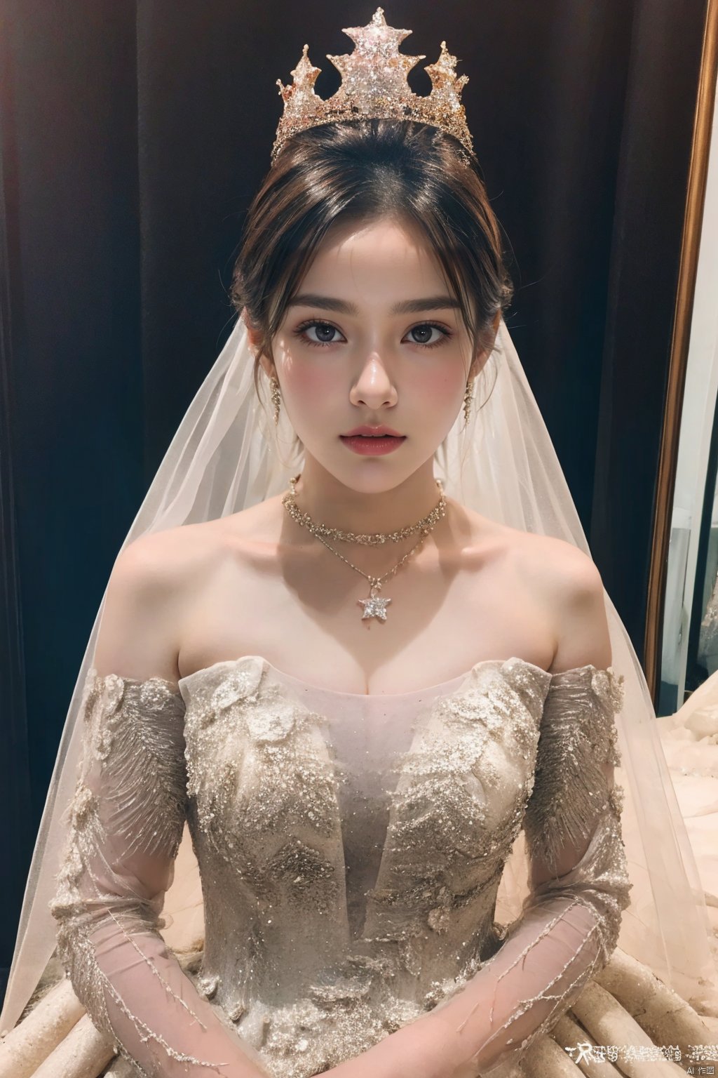  Ultra-clear 8k, real, night, smile, crown, necklace, perspective, hanger, nudity, diamonds, bridal veil, Golden wedding dress, 1 girl, 