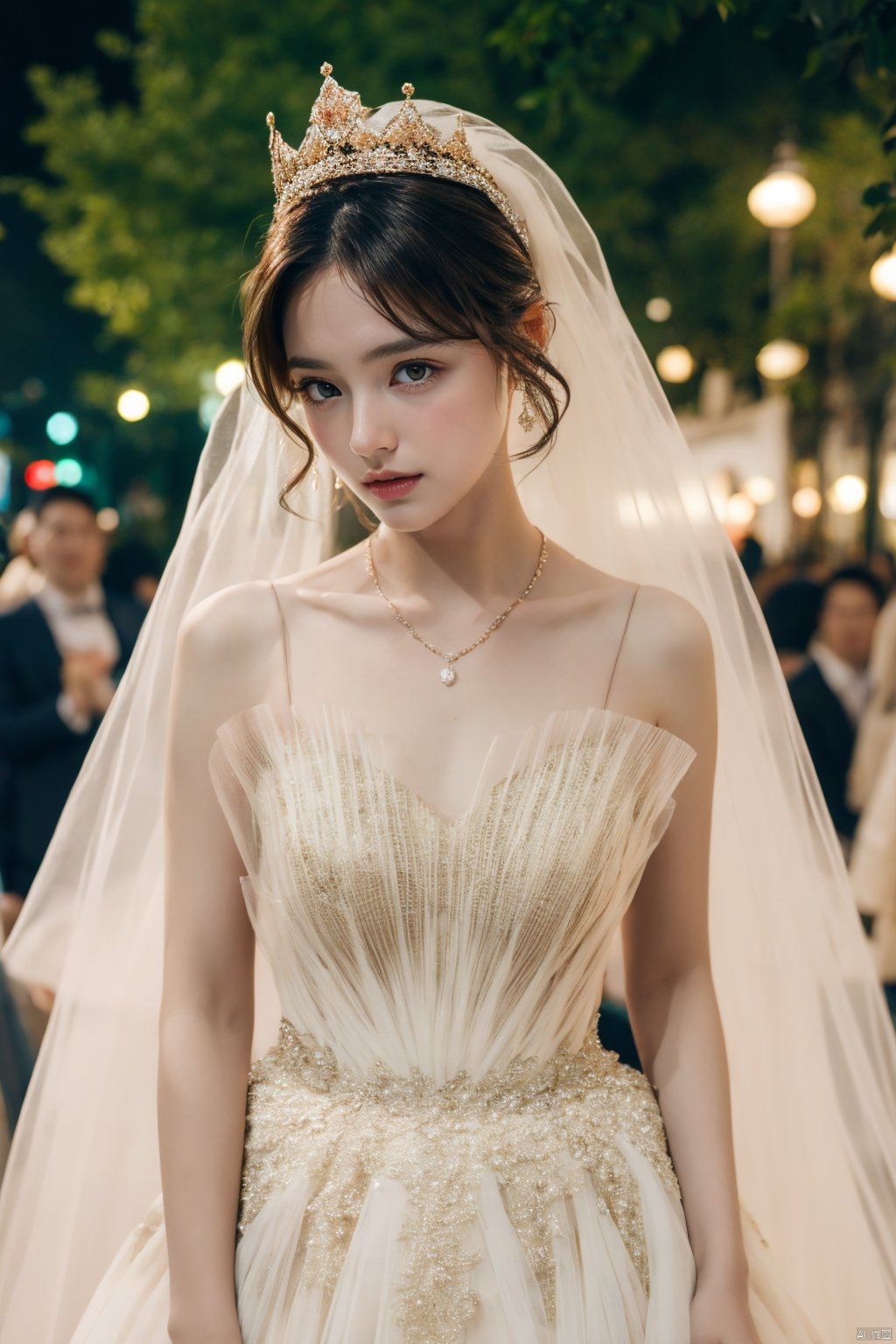  Ultra-clear 8k, real, night, smile, crown, necklace, perspective, hanger, nudity, diamonds, bridal veil, Golden wedding dress, 1 girl, 