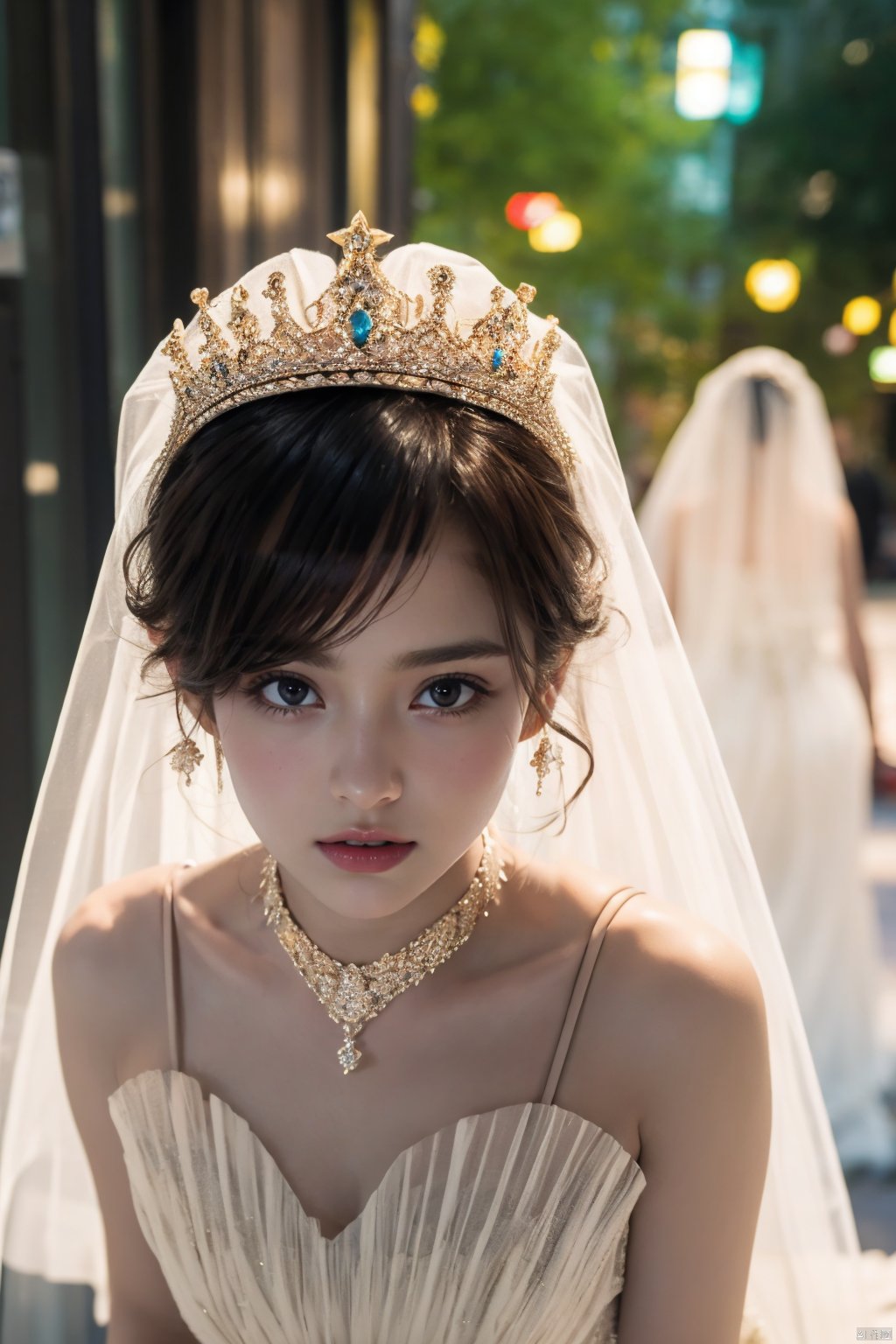  Ultra-clear 8k, real, night, smile, crown, necklace, perspective, hanger, nudity, diamonds, bridal veil, Golden wedding dress, 1 girl, 