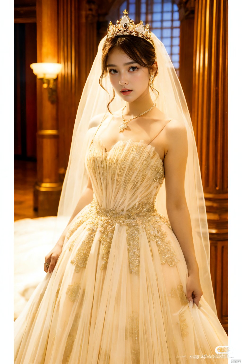  Ultra-clear 8k, real, night, smile, crown, necklace, perspective, hanger, nudity, diamonds, bridal veil, Golden wedding dress, 1 girl, 