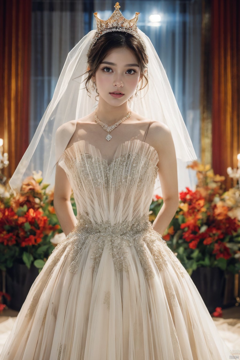  Ultra-clear 8k, real, night, smile, crown, necklace, perspective, hanger, nudity, diamonds, bridal veil, Golden wedding dress, 1 girl, 