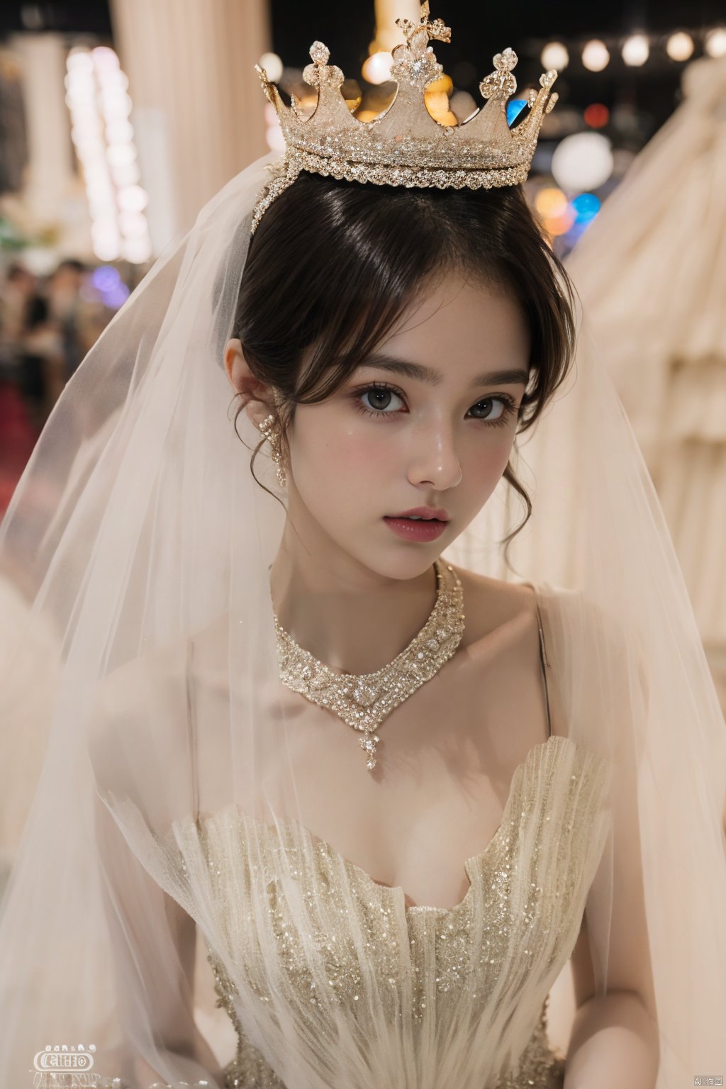  Ultra-clear 8k, real, night, smile, crown, necklace, perspective, hanger, nudity, diamonds, bridal veil, Golden wedding dress, 1 girl, 