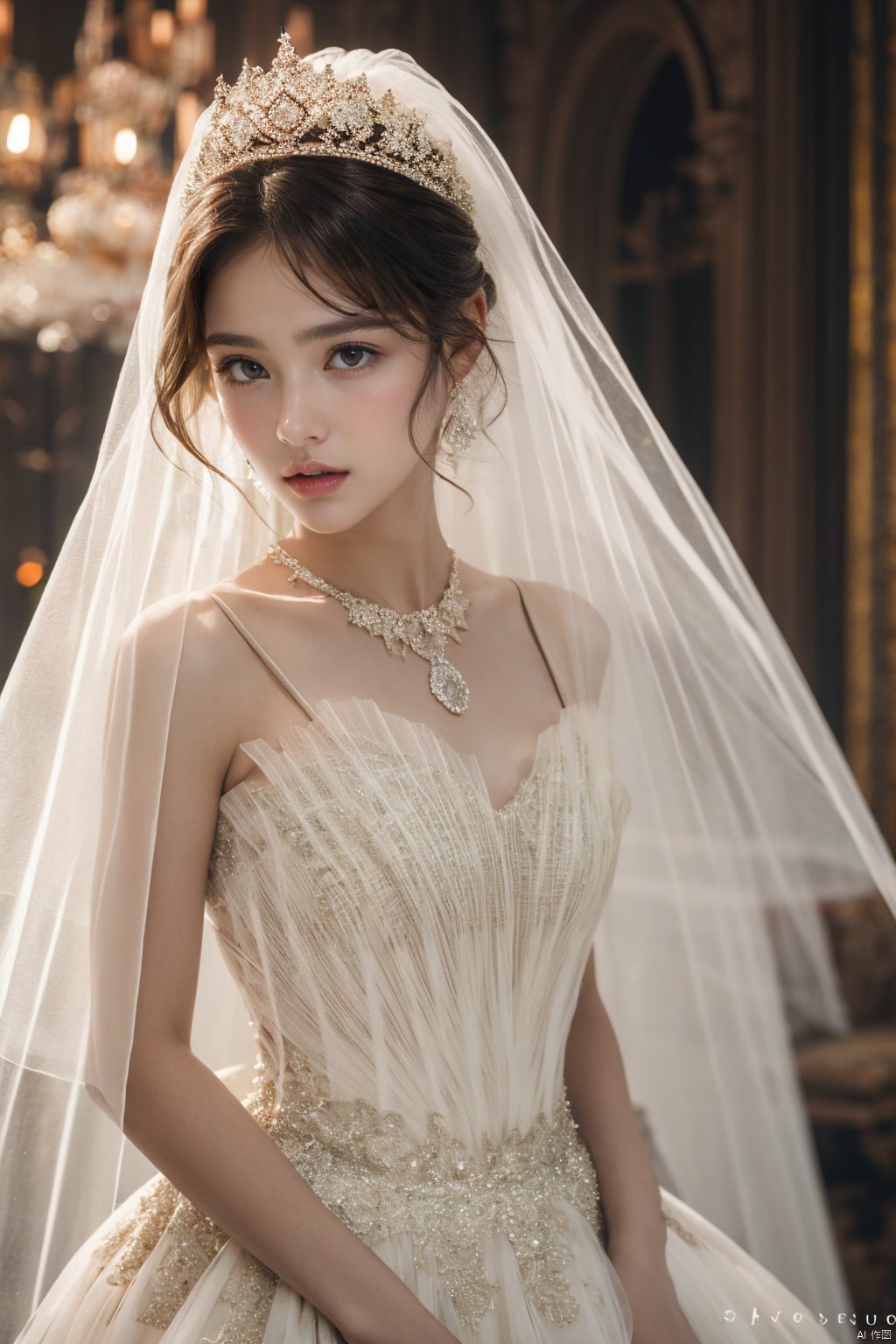  Ultra-clear 8k, real, night, smile, crown, necklace, perspective, hanger, nudity, diamonds, bridal veil, Golden wedding dress, 1 girl, 